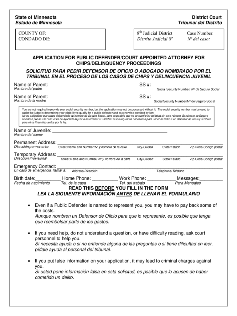 Fillable Online APPLICATION FOR PUBLIC DEFENDER/COURT APPOINTED