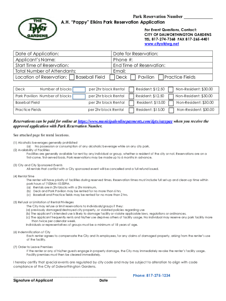 PDF Park Reservation Application - City of Dalworthington Gardens Preview on Page 1