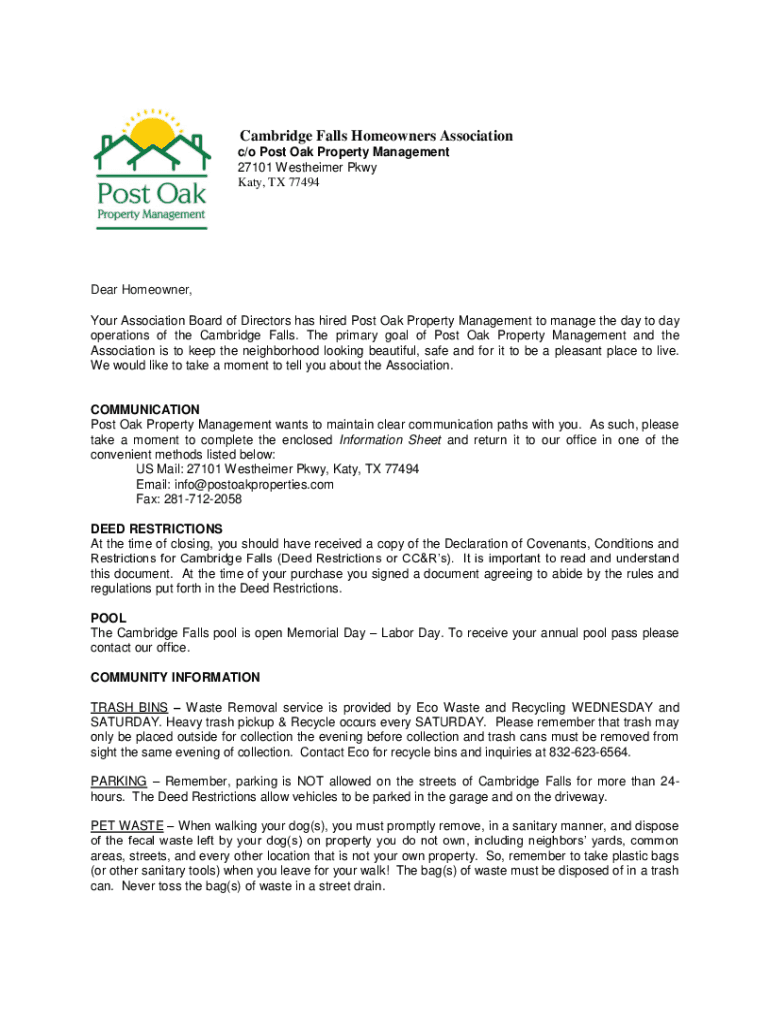 Fillable Online Cambridge Falls Homeowners Association c/o Post Oak