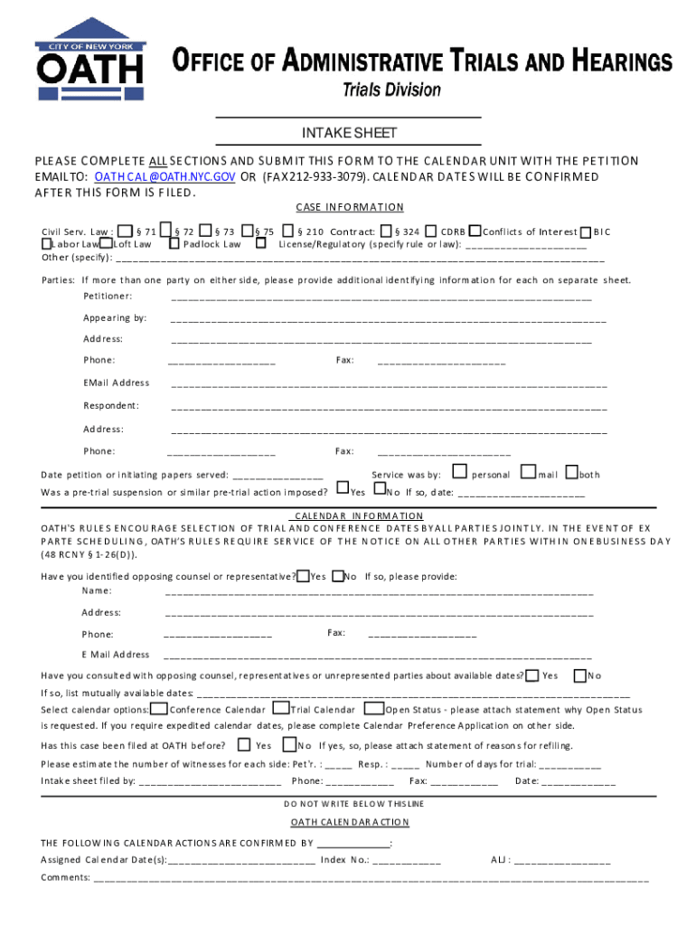 INTAKE SHEET - Welcome to NYC City of New York Preview on Page 1