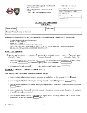 LICENSE TYPE WORKSHEET RESTAURANT Business Name ...