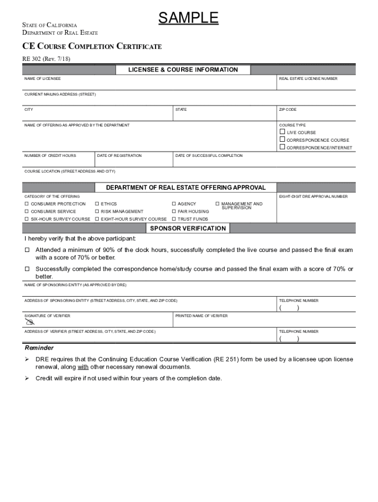 PDF CE Course Completion Certificate (RE 302), Rev 7 18 - California Preview on Page 1