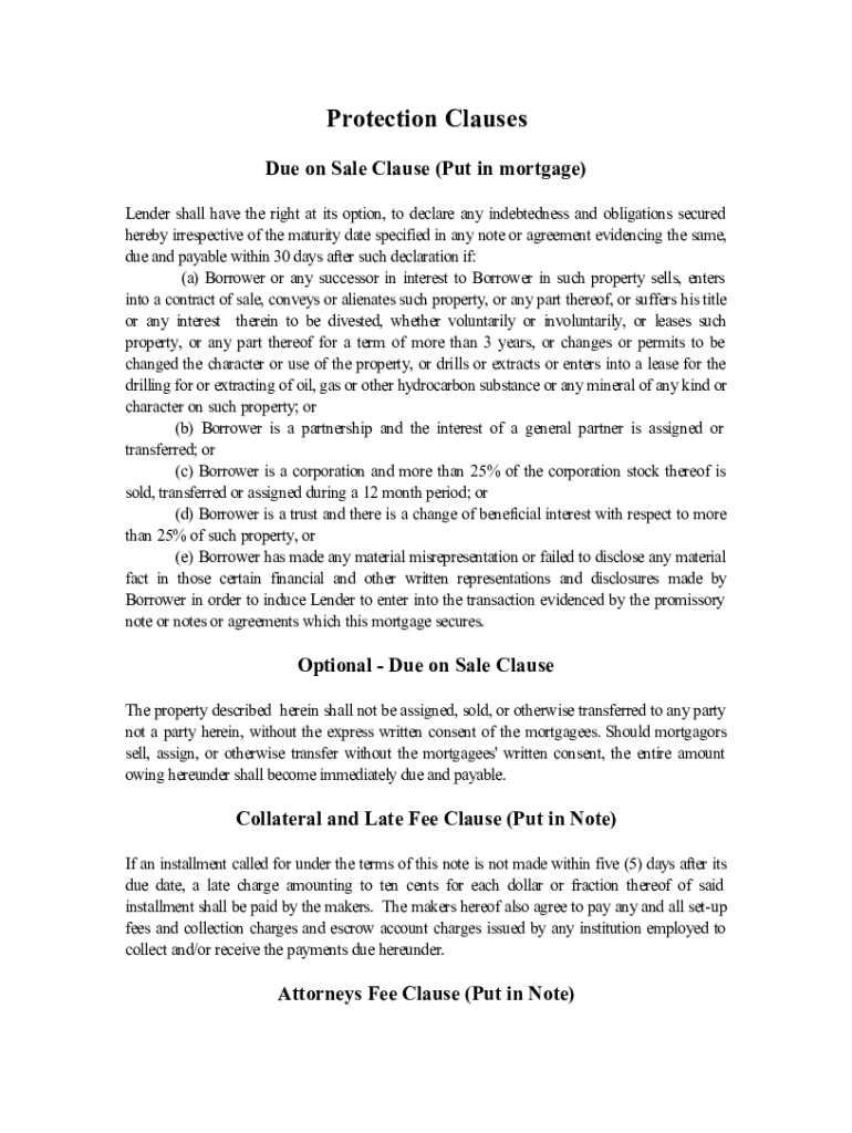 Protection Clauses Due on Sale Clause (Put in mortgage) Form Online