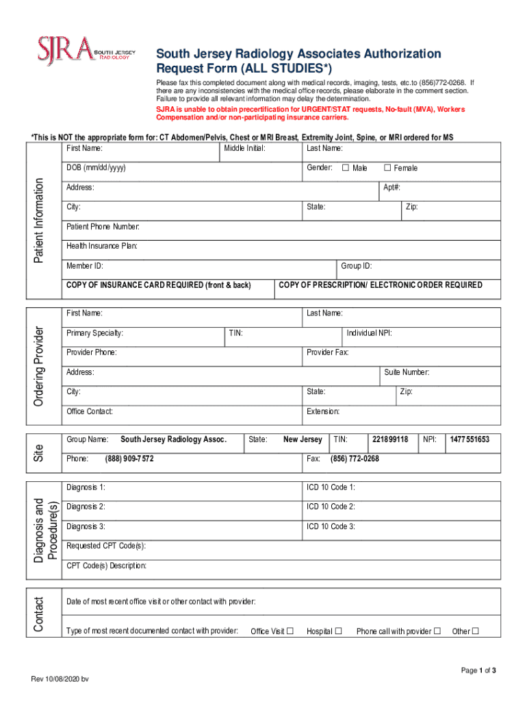 Fillable Online South Jersey Radiology Associates Authorization Request