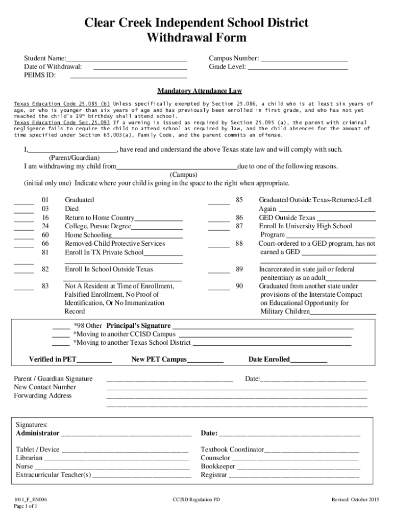 Ccisd Withdrawal Form Fill Online, Printable, Fillable, Blank pdfFiller