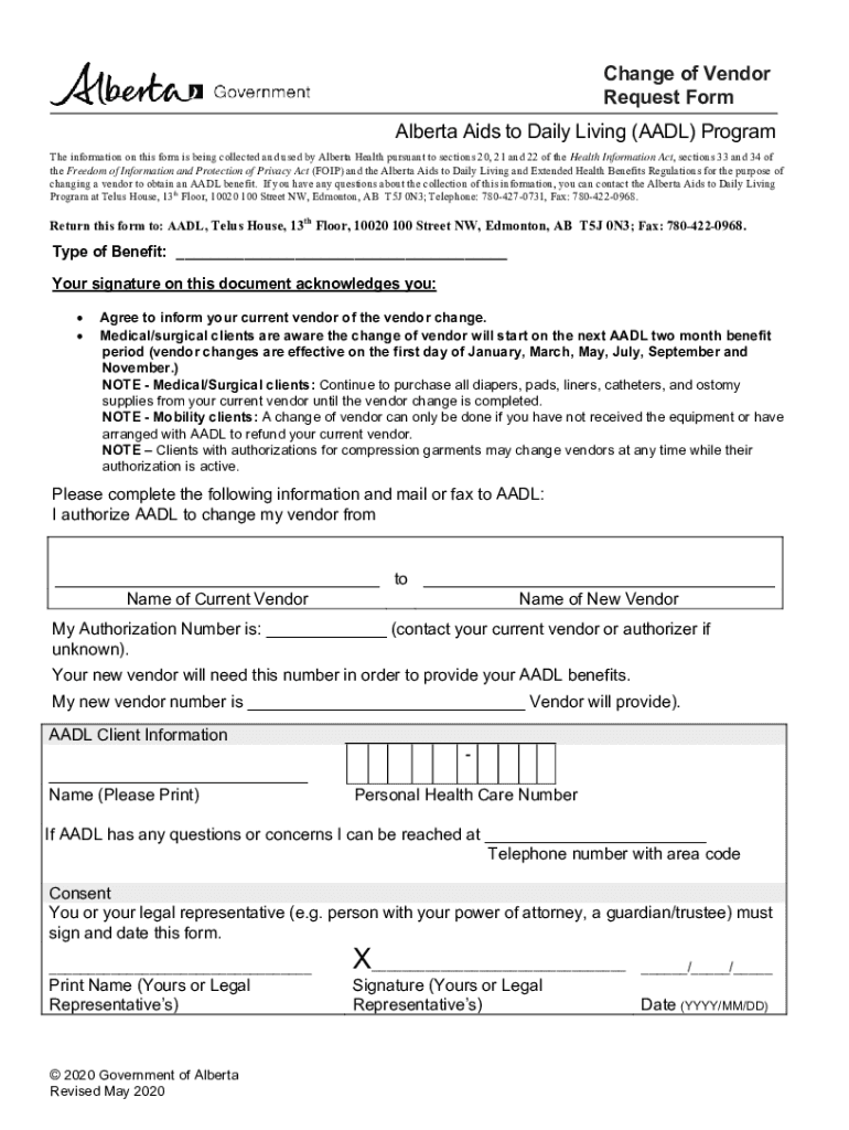 Fillable Online Alberta Aids to Caily Living Change of Vendor Request