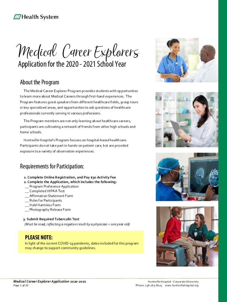 Fillable Online Medical Career Explorers Huntsville Hospital System
