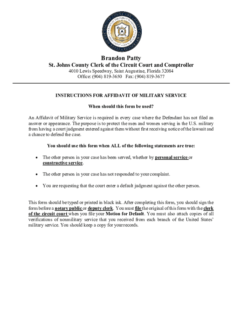 Fillable Online AFFIDAVIT OF MILITARY SERVICE rev. December 2019 (Clerk