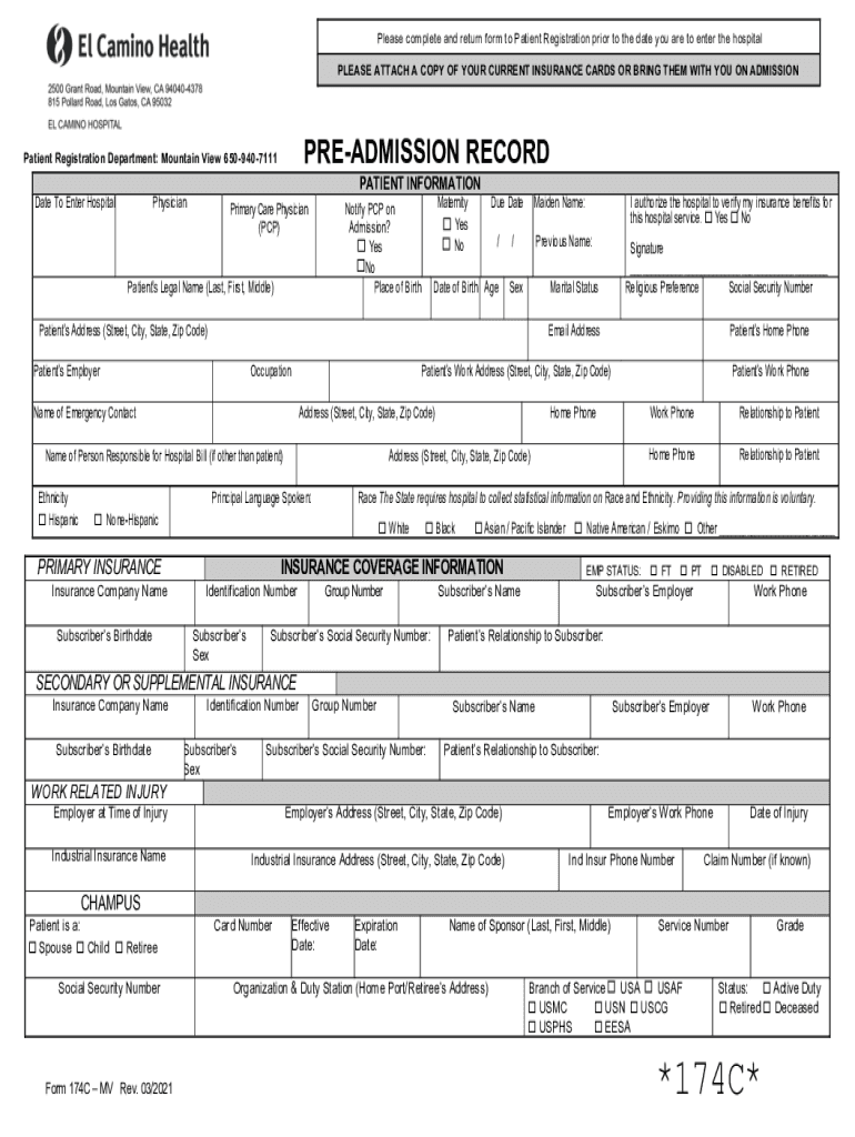 Fillable Online El Camino Hospital Mountain View Preadmission Record