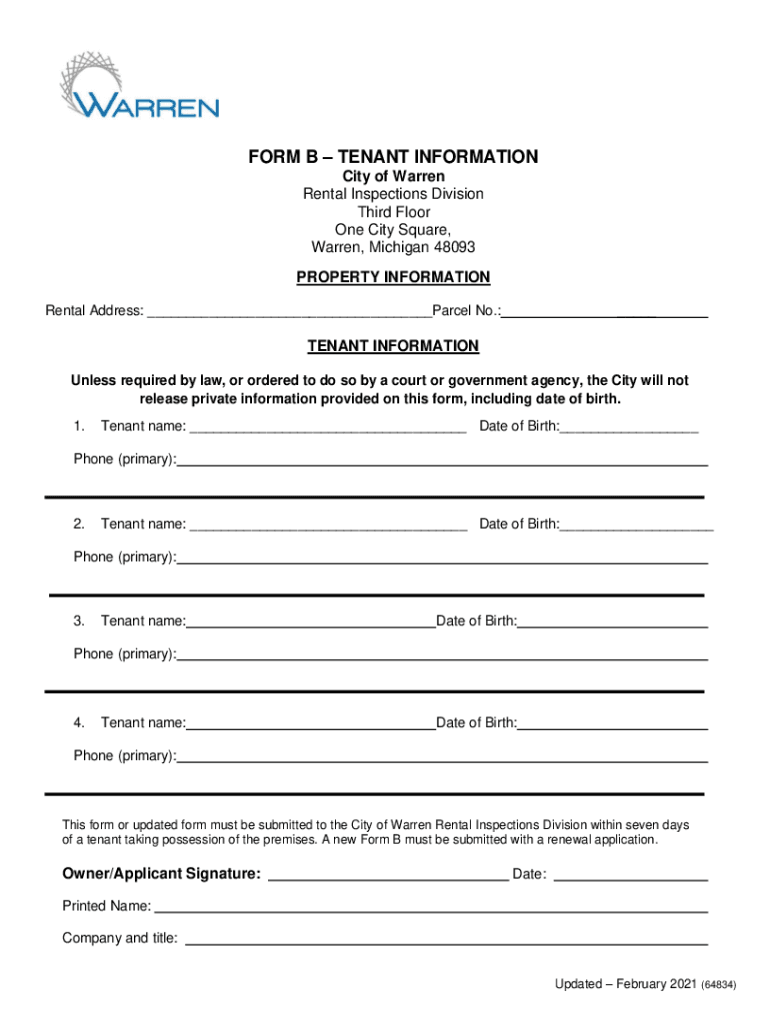 Fillable Online FORM B TENANT INFORMATION City of Warren Rental Fax