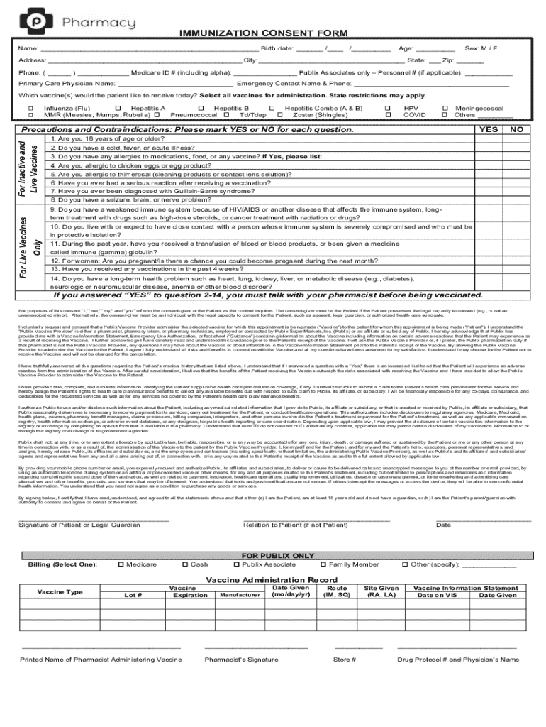 Publix Pharmacy Virginia Immunization Consent Form Preview on Page 1