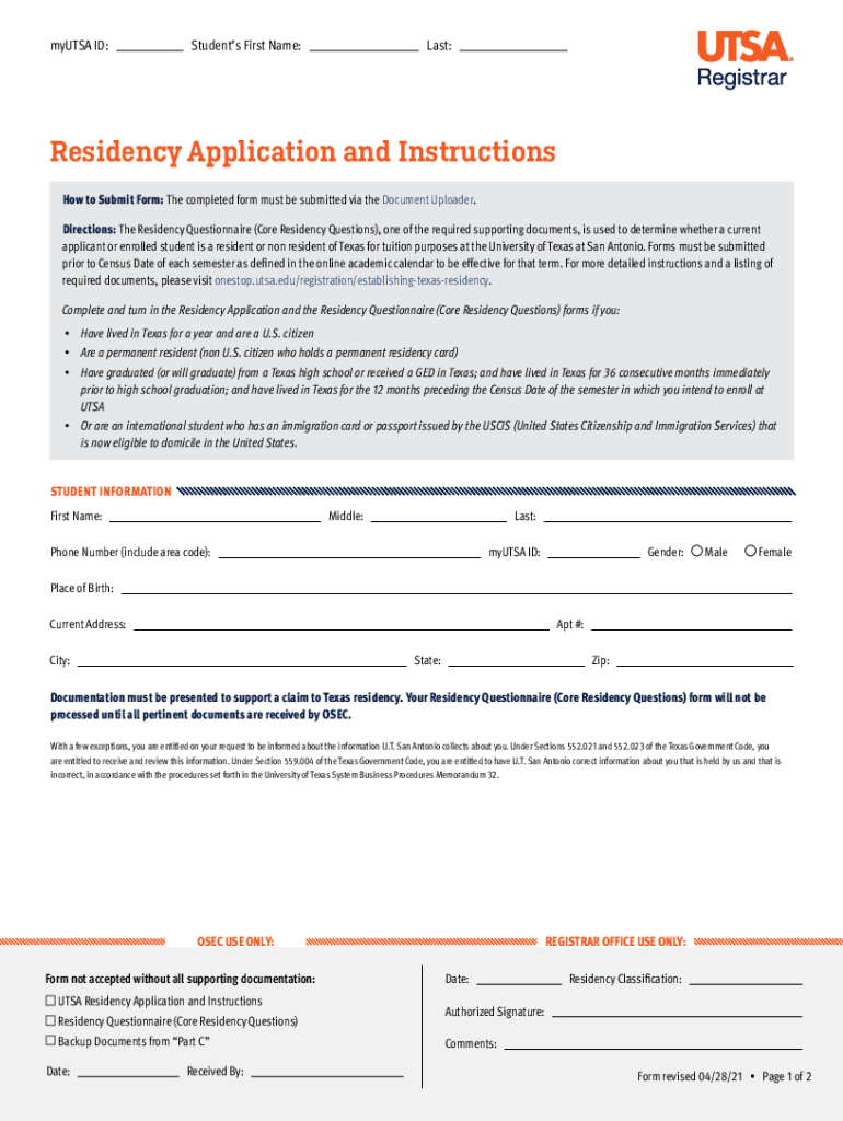 20212024 Form UTSA Residency Application Fill Online, Printable