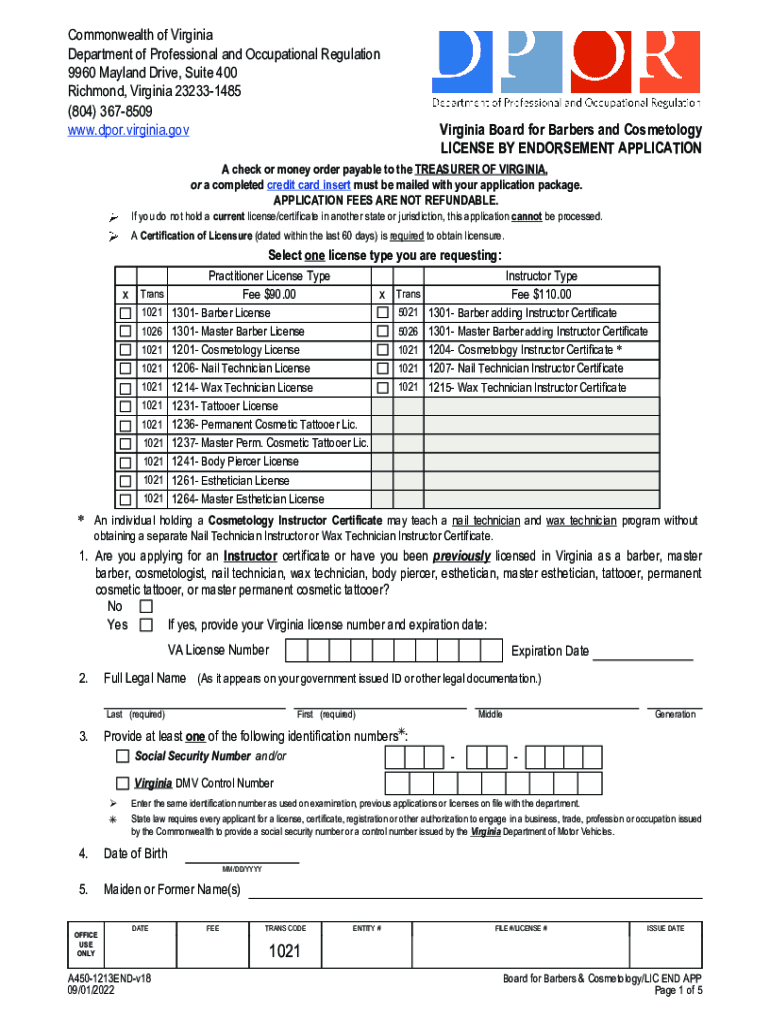 Virginia Board for Barbers and Cosmetology - License by Endorsement Application Preview on Page 1