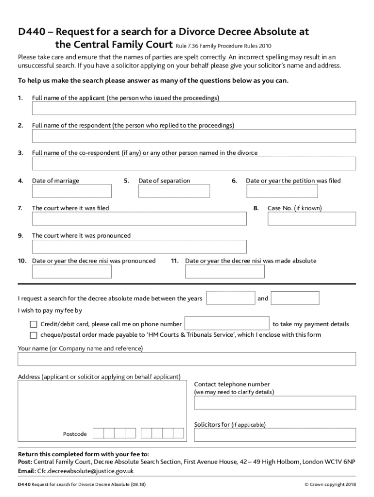 D440 Request for Divorce Decree Absolute Search Preview on Page 1