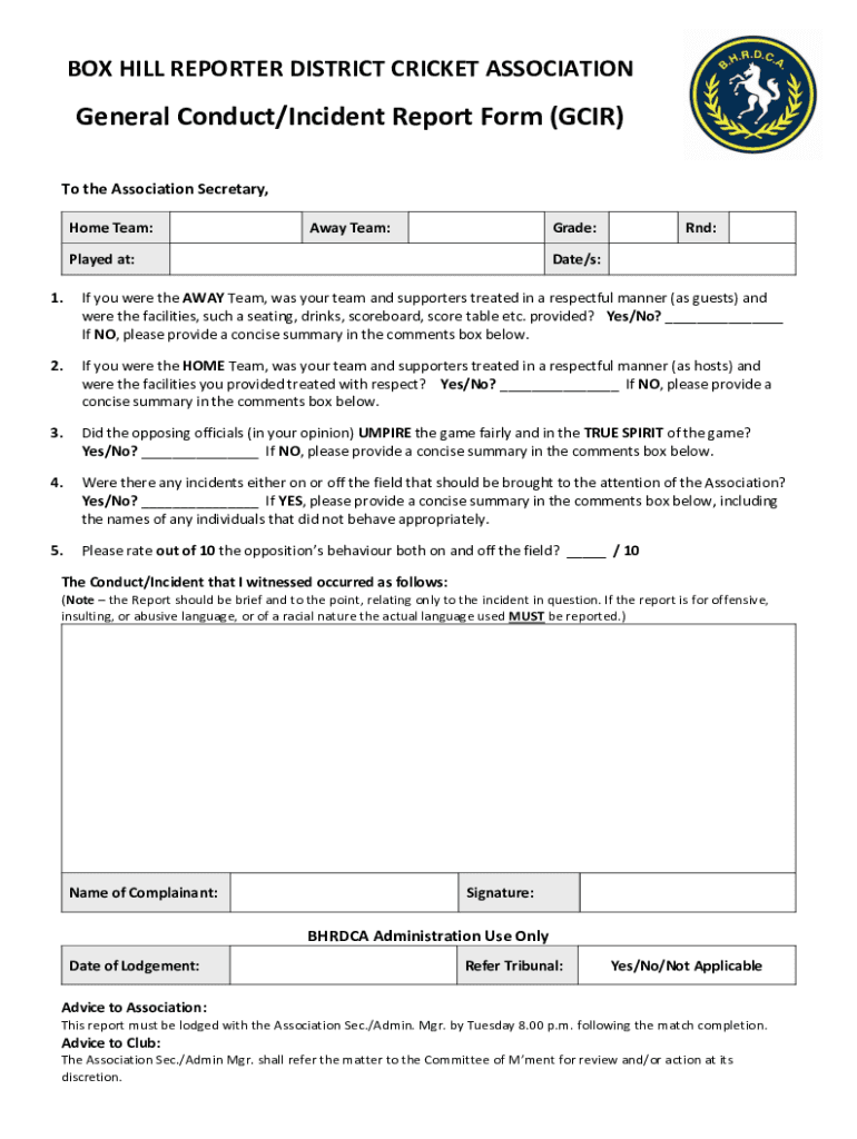 Fillable Online BOX HILL REPORTER DISTRICT CRICKET ASSOCIATION