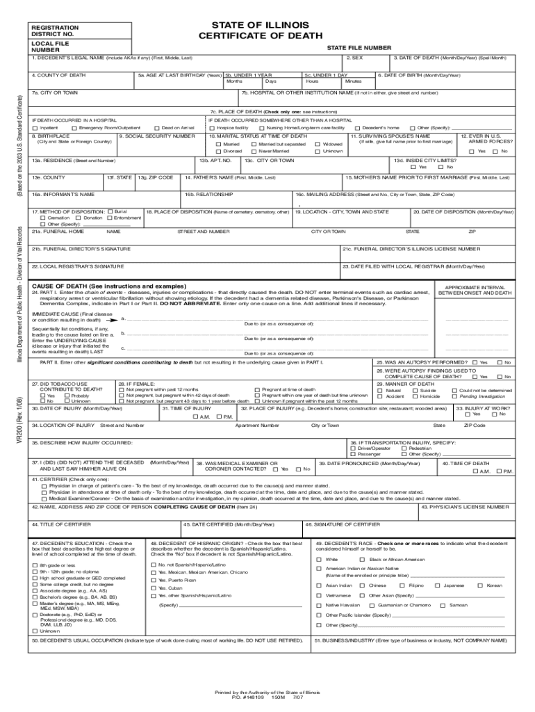 STATE OF ILLINOIS CERTIFICATE OF DEATH - Fill and Sign Preview on Page 1