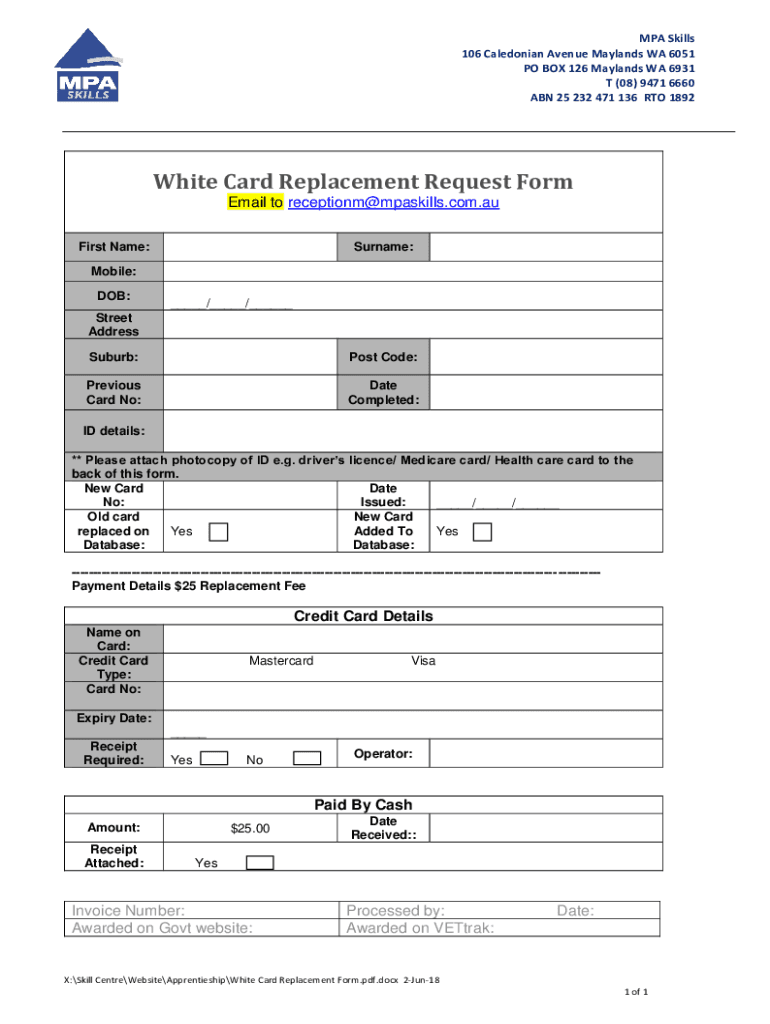 Fillable Online White Card Replacement Request Form MPA Skills Fax Email Print pdfFiller