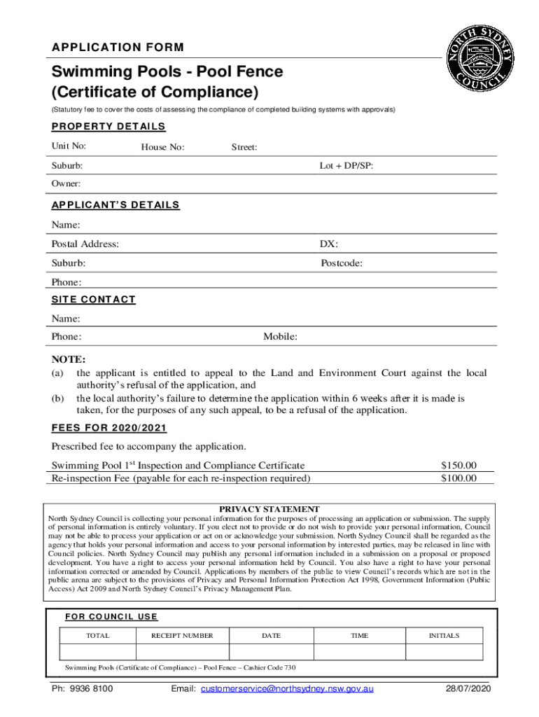 Fillable Online Swimming Pools Pool Fence (Certificate of Compliance