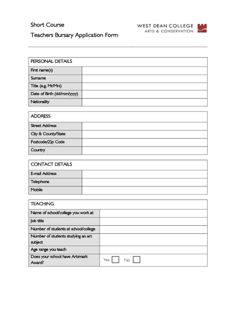 Fillable Online Short Course Teachers Bursary Application Form Fax
