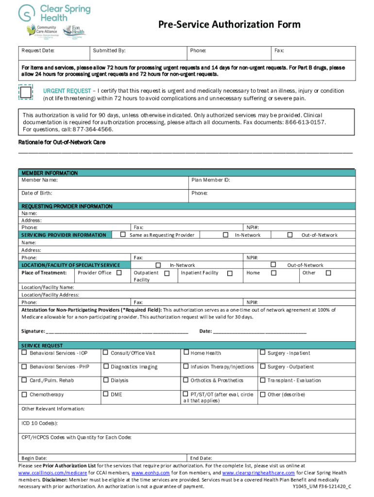 Fillable Online PreService Authorization Form Clear Spring Health