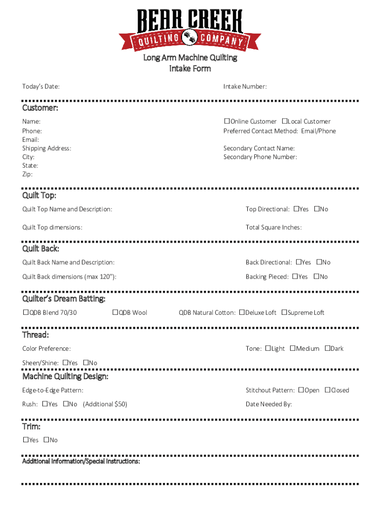 Fillable Online Long Arm Machine Quilting Intake Form Customer Fax