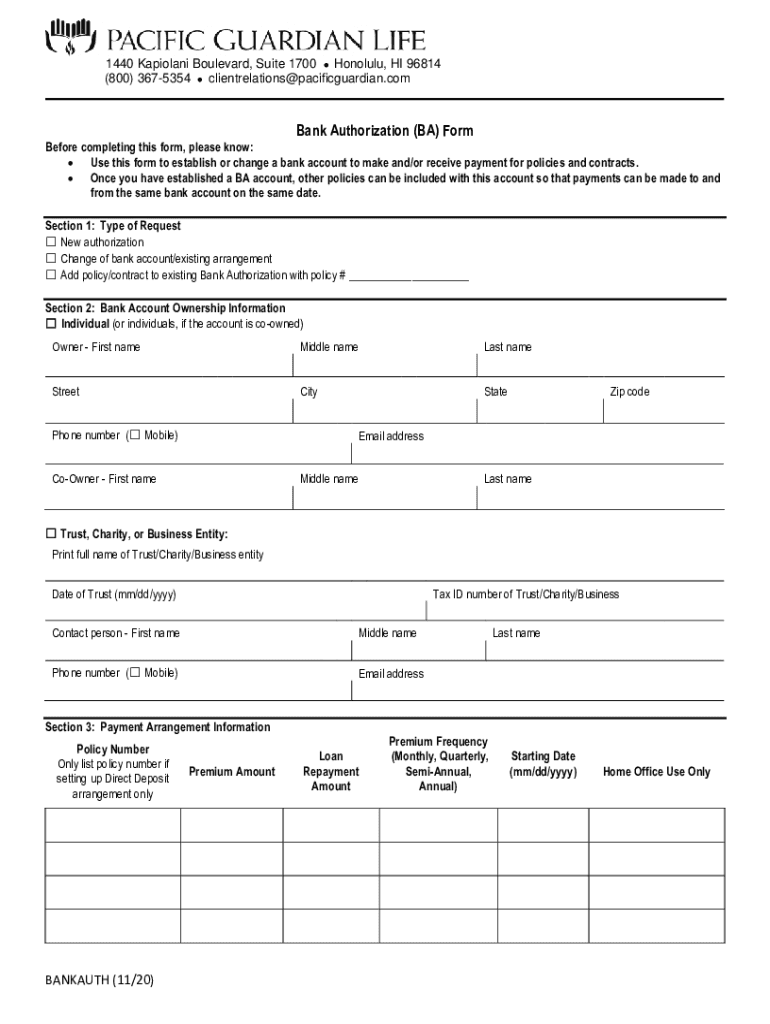 Fillable Online Bank Authorization Form Pacific Guardian Life Insurance Fax Email Print