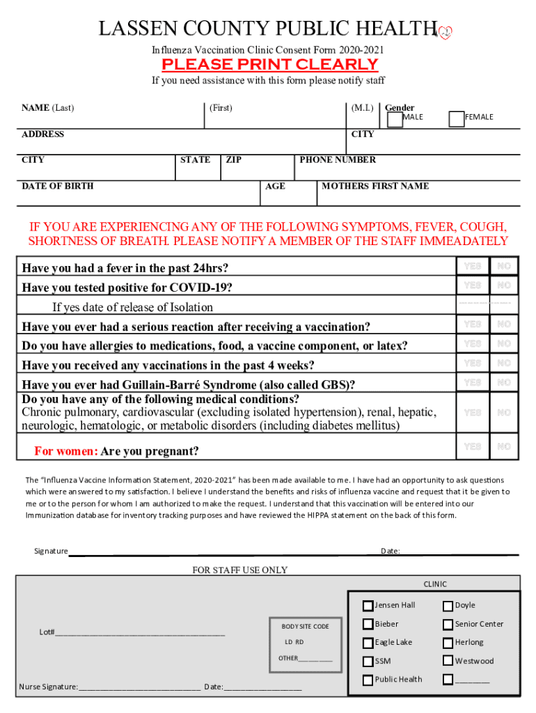 Influenza Vaccination Clinic Consent Form 2020-2021 Preview on Page 1