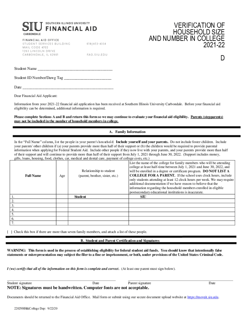 Fillable Online fao siu VERIFICATION OF HOUSEHOLD SIZE AND NUMBER IN