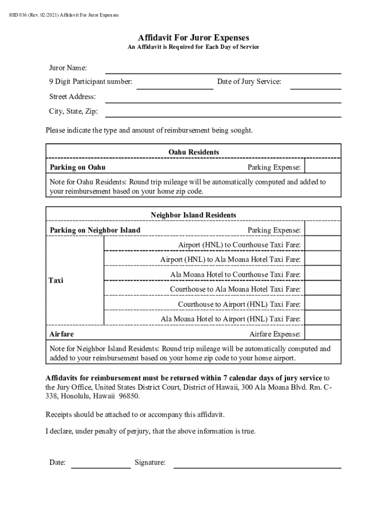 Fillable Online Affidavit For Juror Expenses hid.uscourts.gov Fax