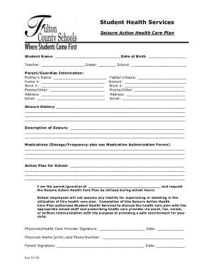 SEIZURE HISTORY FORM AND HEALTH CARE PLAN