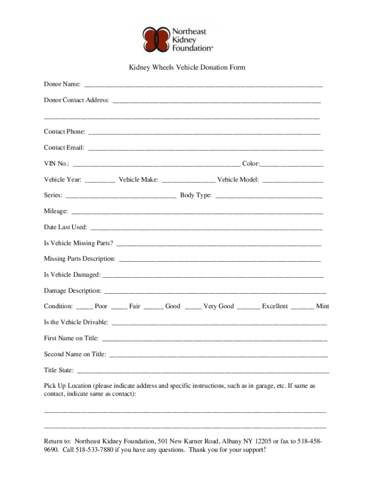 Fillable Online Kidney Wheels Vehicle Donation Form Healthy Kidneys