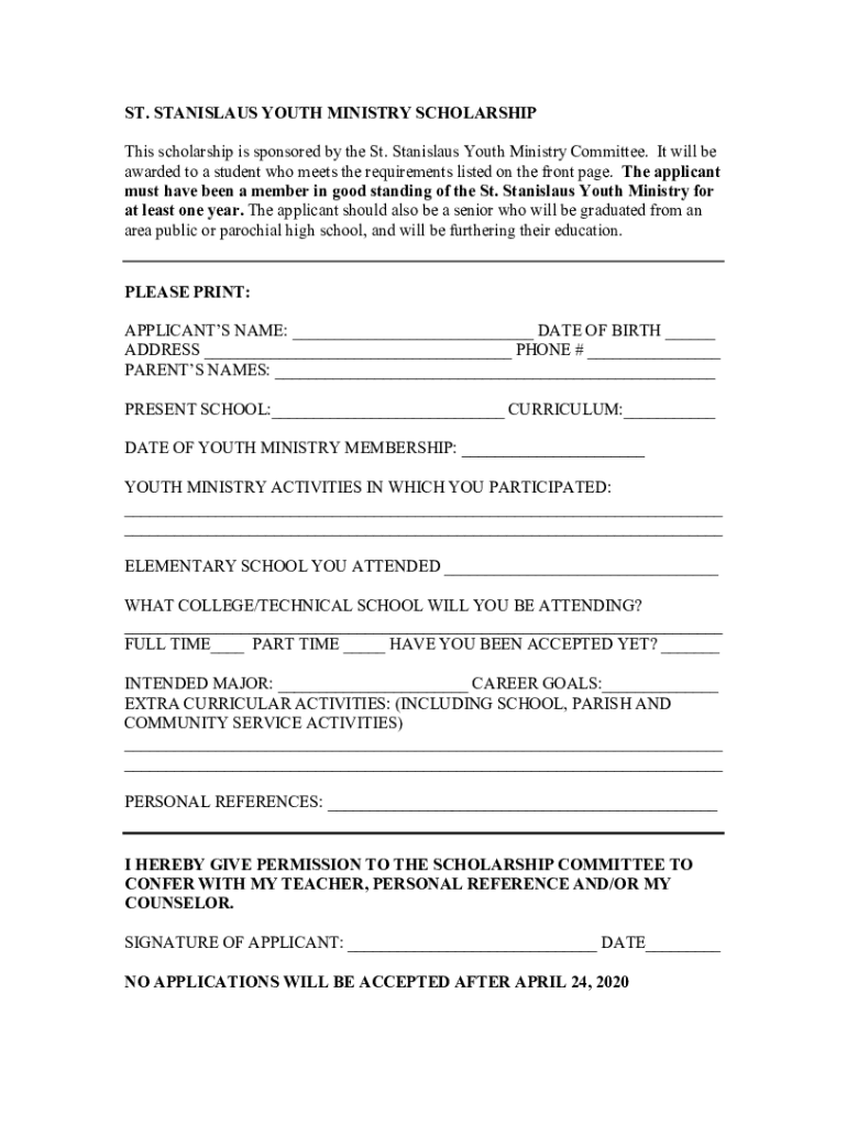 Fillable Online ST. STANISLAUS YOUTH MINISTRY SCHOLARSHIP The applicant