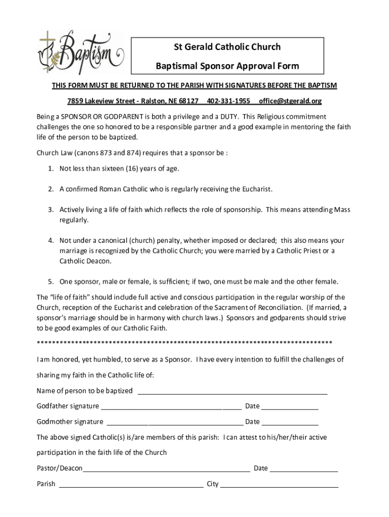 Fillable Online St Gerald Catholic Church Baptismal Sponsor Approval