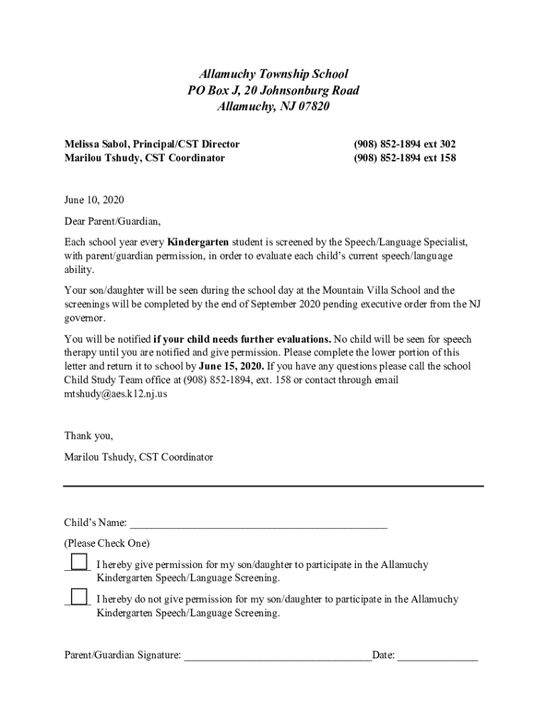 Fillable Online Allamuchy Township School PO Box J, 20 Johnsonburg Road