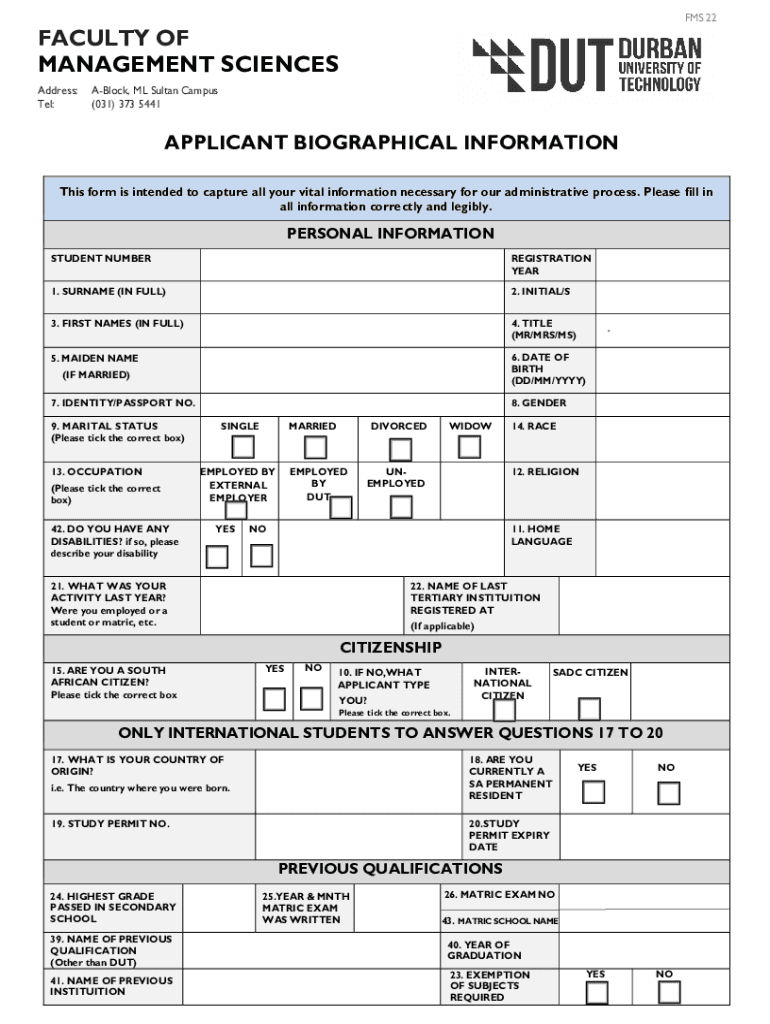 Fillable Online APPLICATION FORM dut.ac.za Fax Email Print pdfFiller