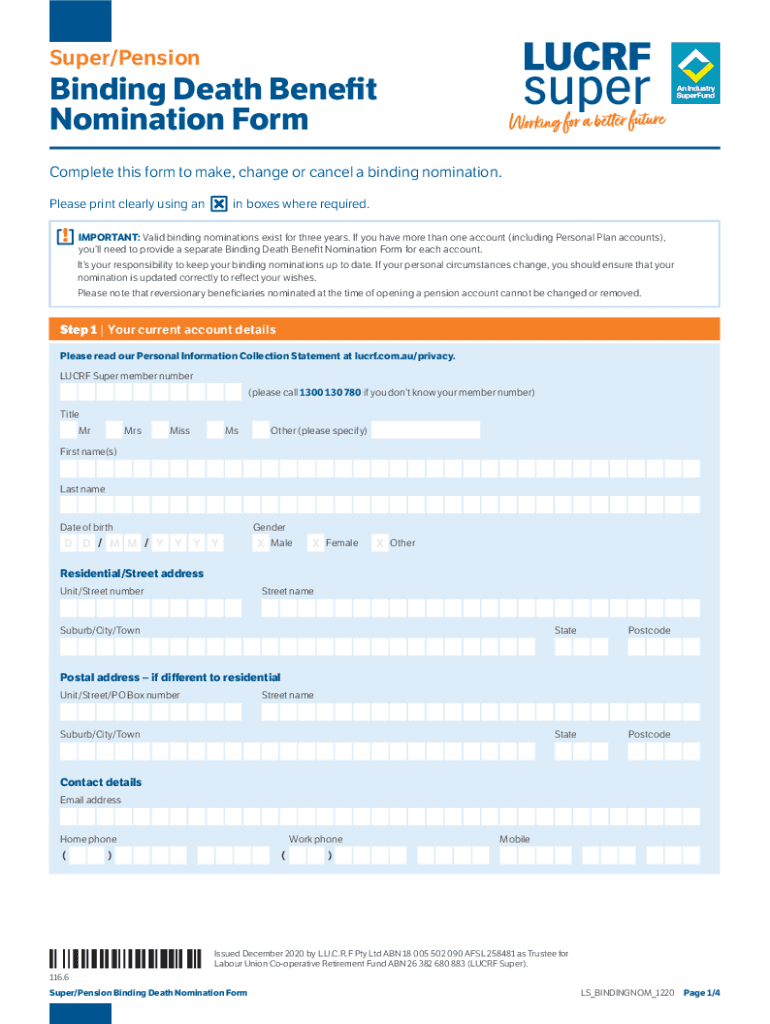 Fillable Online Super/Pension Binding Death Benefit Nomination Form Fax Email Print pdfFiller