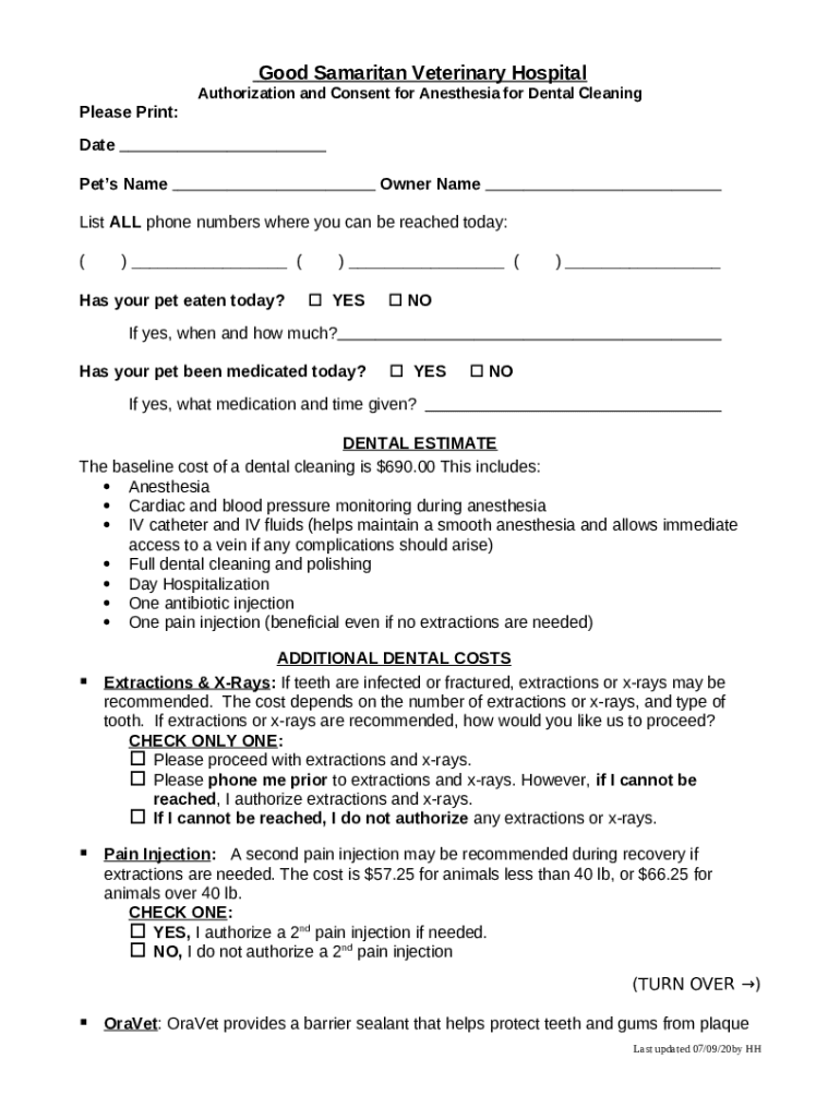 Authorization and Consent for Anesthesia for Dental Cleaning Doc