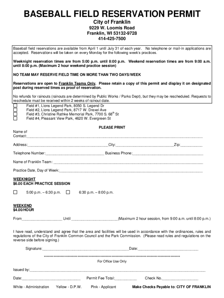 Fillable Online Baseball Field Reservation Permit Application City of