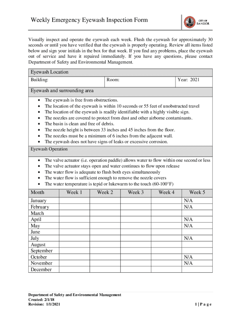 Fillable Online Emergency Eye Wash and Safety Shower Inspection Form
