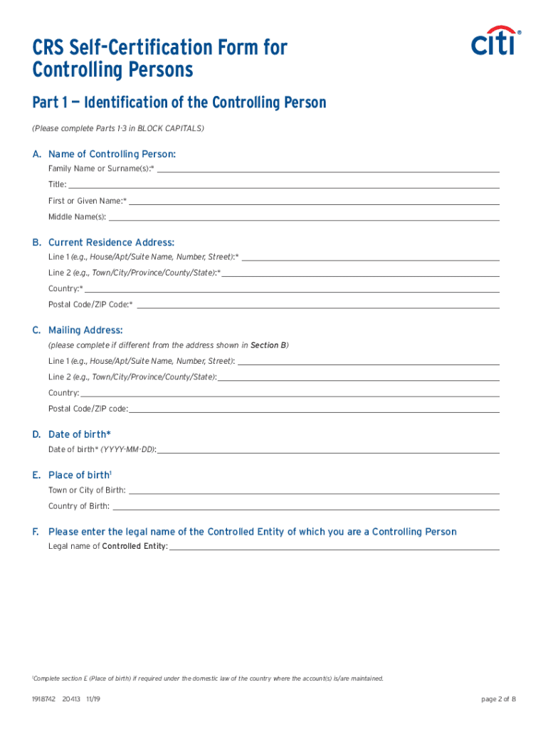 Fillable Online CRS SelfCertication Form for Controlling Persons