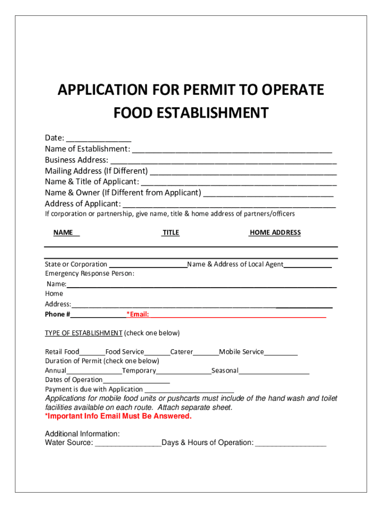 Fillable Online Operate a Food Establishment Permit Application Long