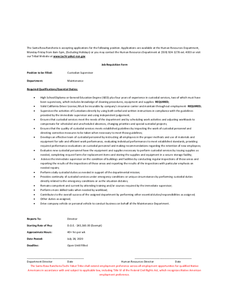 Fillable Online Job Requisition Form REQUIRED; Must be Tachi