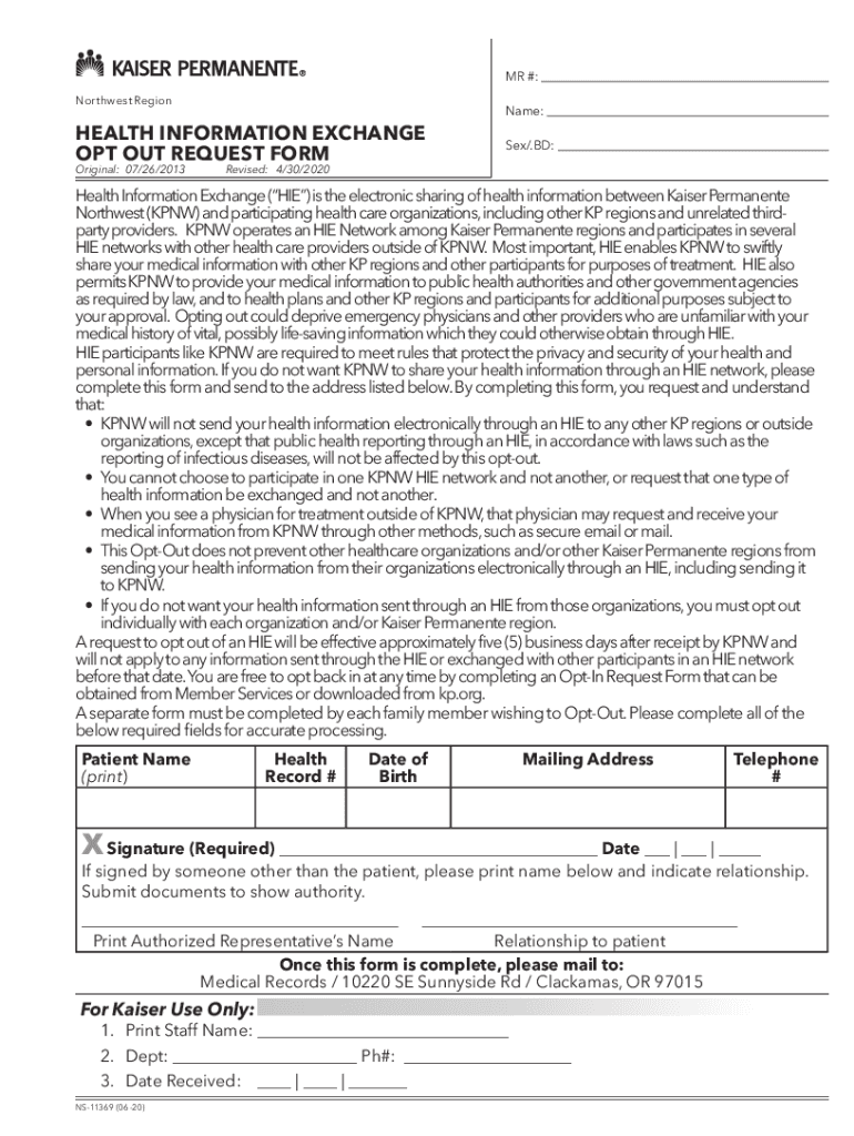 Fillable Online Northwest Region Health Information Exchange Opt Out