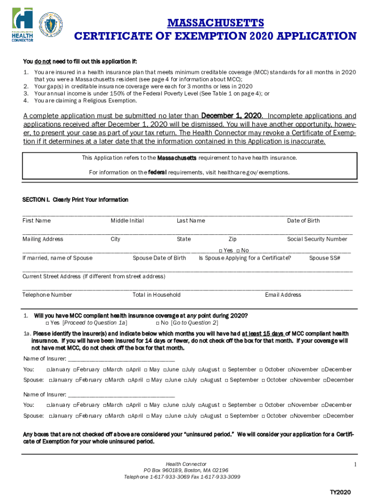 Fillable Online Massachusetts Certificate of Exemption 2020 Application