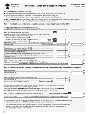 5008-S11 Schedule SK(S11) - Provincial Tuition and Education Amounts - T1 General 2002 - Saskatchewan