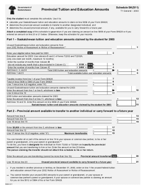 5008-S11 Schedule SK(S11) - Provincial Tuition and Education Amounts - T1 General 2003 - Saskatchewan
