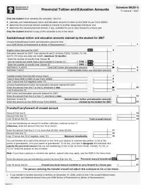 5008-S11 Schedule SK(S11) - Provincial Tuition and Education Amounts - T1 General 2007 - Saskatchewan