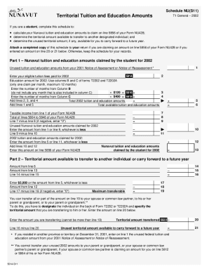5014-S11 Schedule NU (S11) - Territorial Tuition and Education Amounts - T1 General 2002 - Nunavut