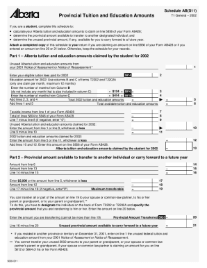 5009-S11 Schedule AB(S11) - Provincial Tuition and Education Amounts - T1 General 2002 - Alberta