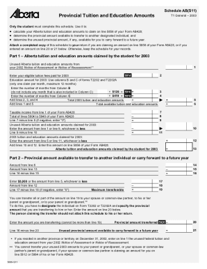 5009-S11 Schedule AB(S11) - Provincial Tuition and Education Amounts - T1 General 2003 - Alberta